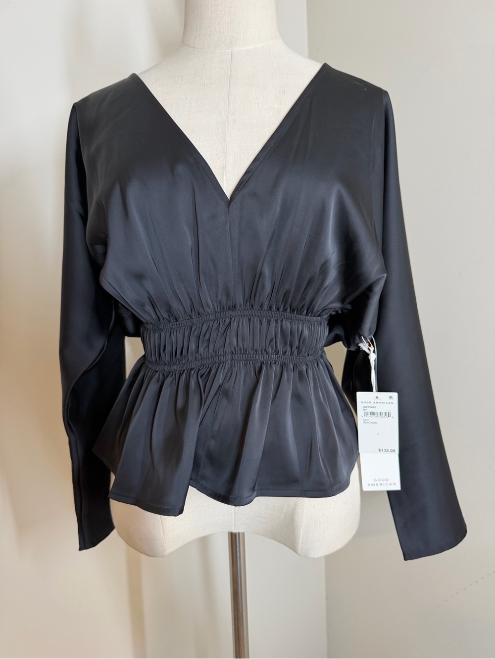 NWT! Good American Black Deep-V Neck- SZ 1=Small- Dolman Sleeve Satin Top Blouse - Picture 5 of 13